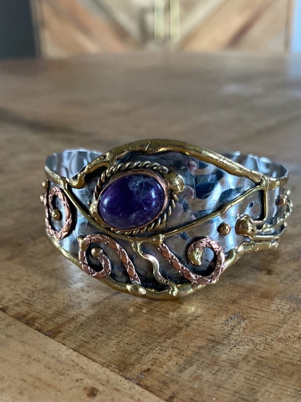 Anju Artisan Mixed Metal Amethyst Cuff Bracelet - Boho Statement